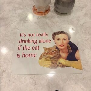 Wall plaque vintage antique style metal art accent drinking alone wine cat Mom